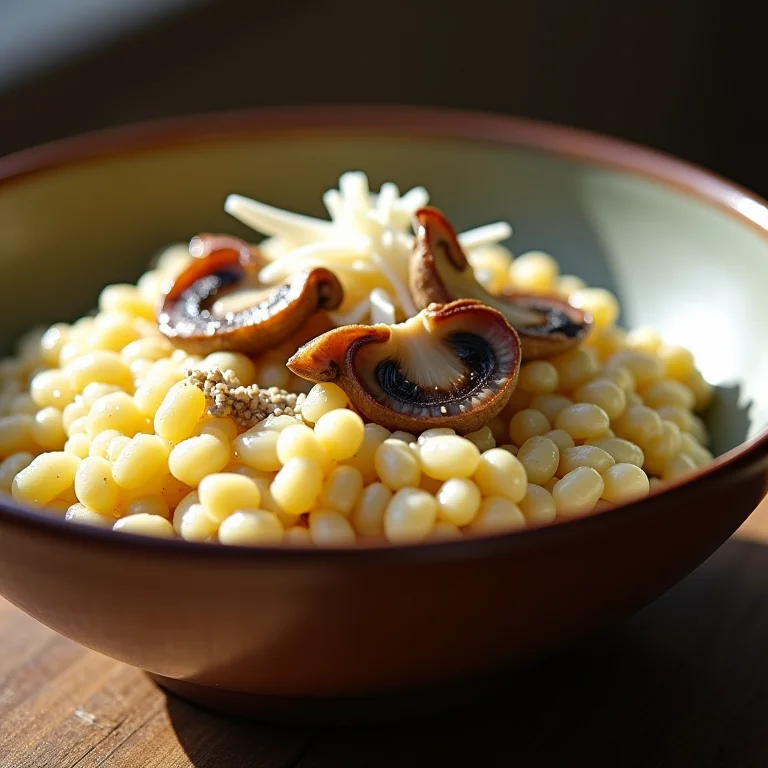 Risoto cremoso de cogumelos shimeji servido em uma tigela de cerâmica