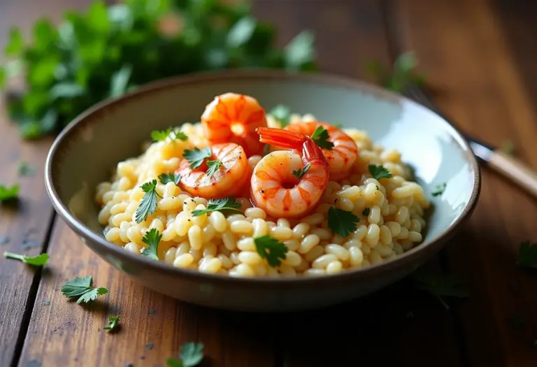 Risoto de camarão cremoso em mesa de madeira