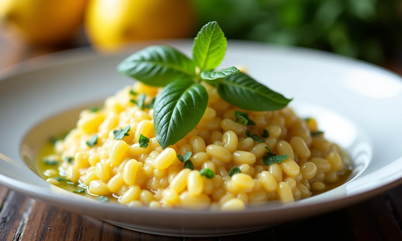 Risoto de limão siciliano com ervas frescas em um prato elegante.
