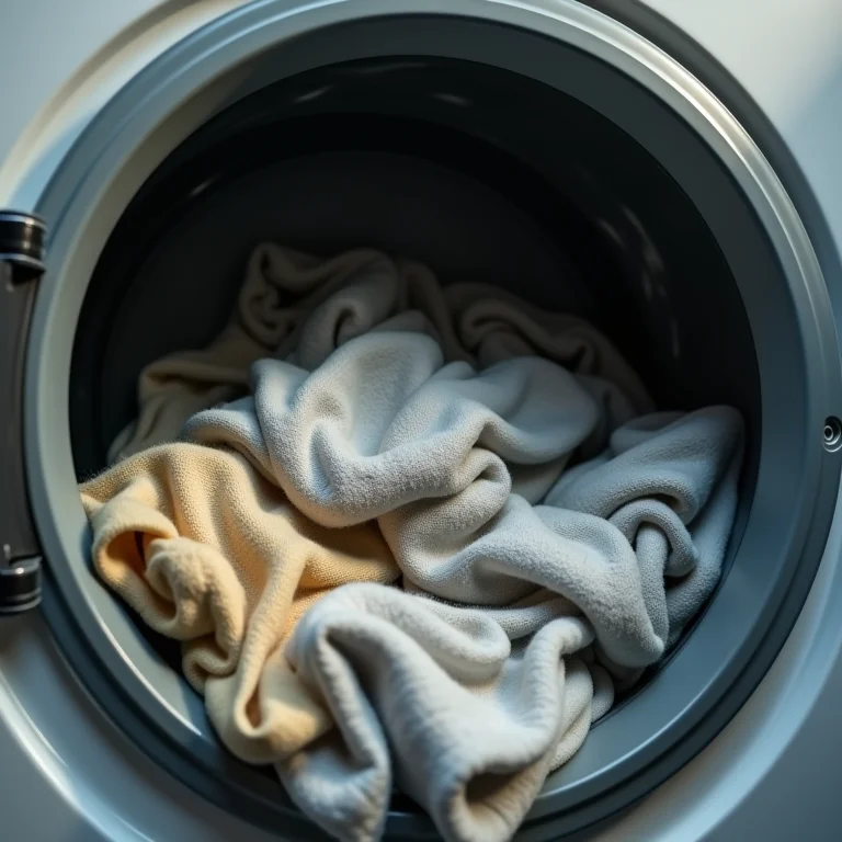 Roupas amontoadas dentro de uma máquina de lavar.