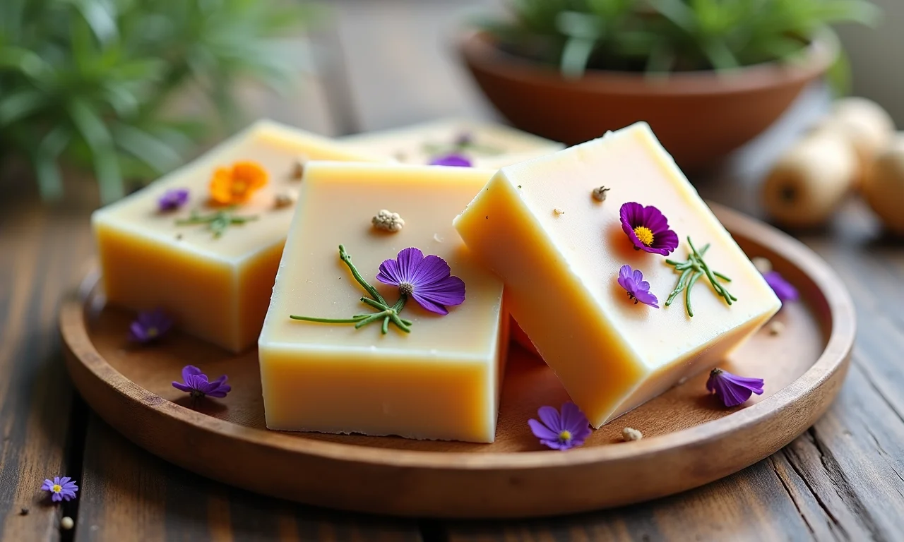 Sabonetes artesanais decorados com flores secas e ingredientes naturais.
