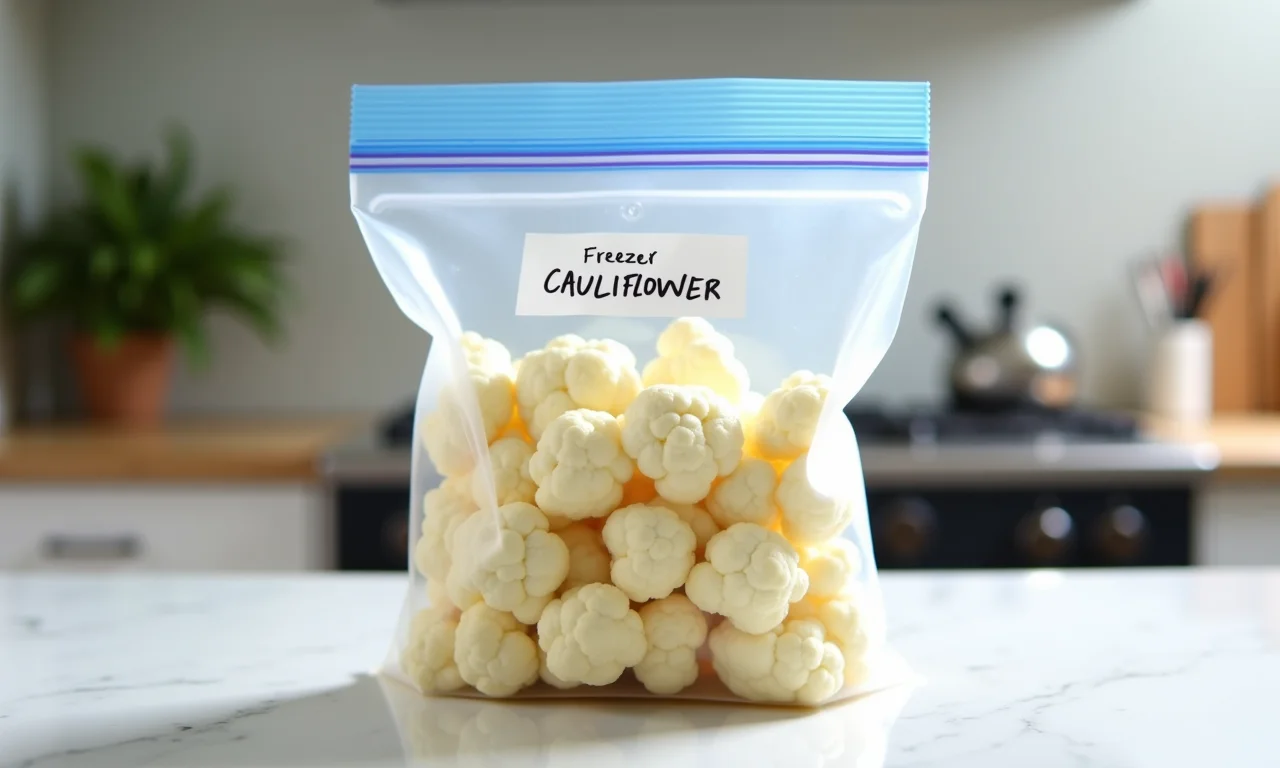 Saco com couve-flor congelada no freezer.