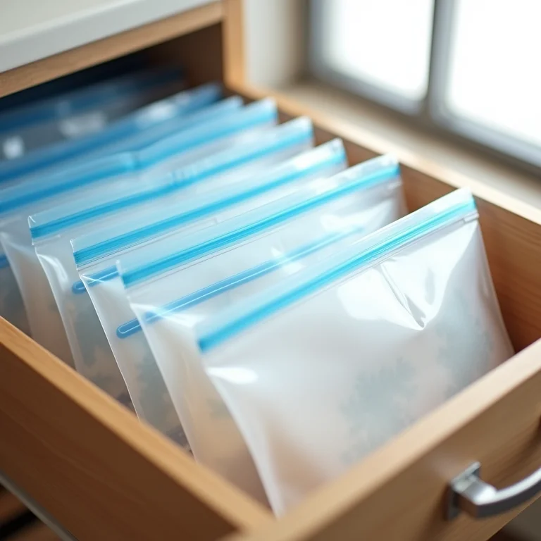 Sacos para congelar da Zipper organizados em uma gaveta.