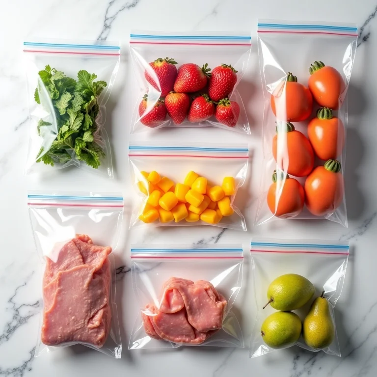 Sacos plásticos para congelamento com porções individuais de alimentos.