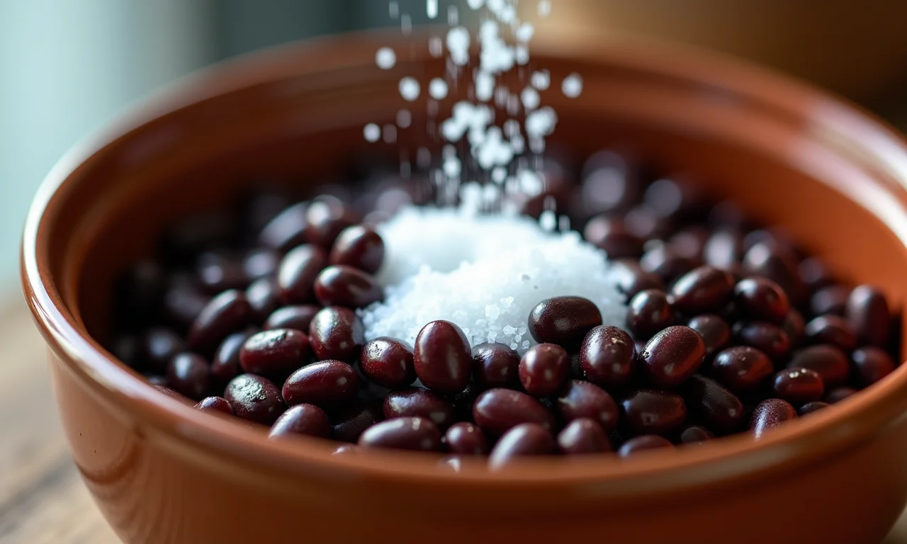 Sal marinho sendo adicionado a feijão preto.