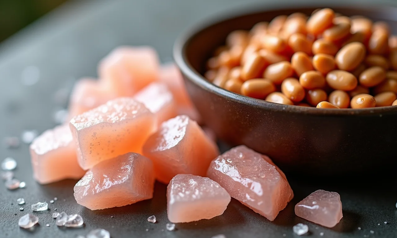 Sal rosa do Himalaia ao lado de feijão carioca.