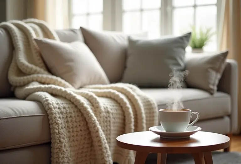 Sala de estar aconchegante com manta de lã e luz suave