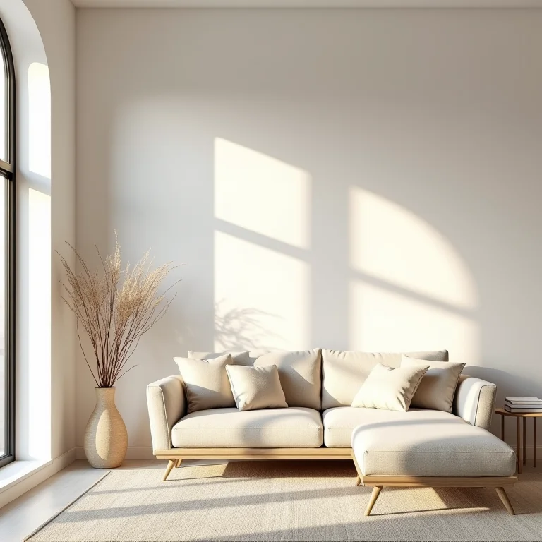 Sala de estar com cores neutras e móveis antigos