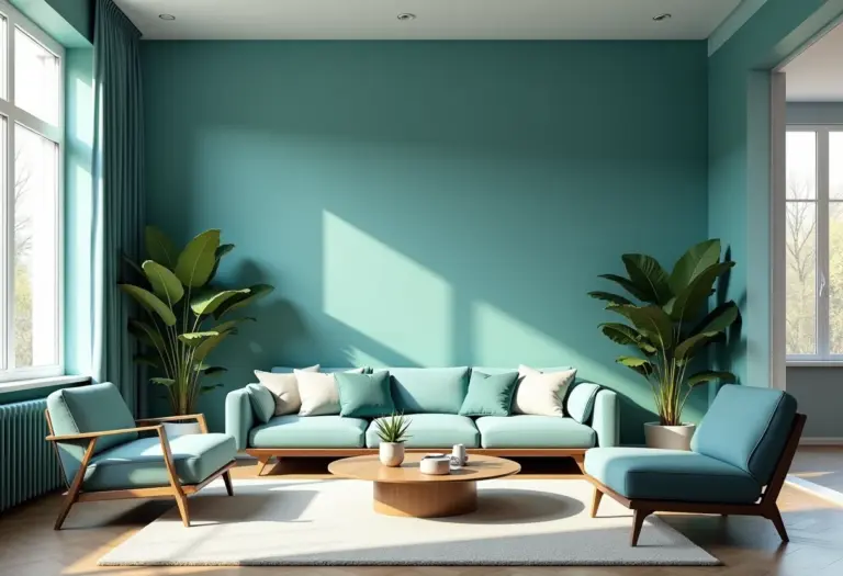 Sala de estar com esquema de cores análogas em tons de azul e verde