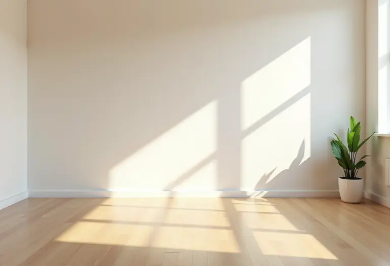 Sala de estar com piso laminado claro e iluminação natural