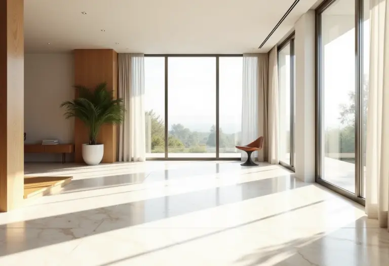 Sala de estar elegante com porcelanato Calacata