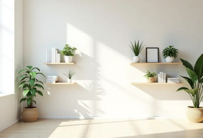 Sala de estar iluminada com prateleiras suspensas decoradas