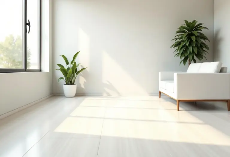 Sala de estar luxuosa com porcelanato Calacata