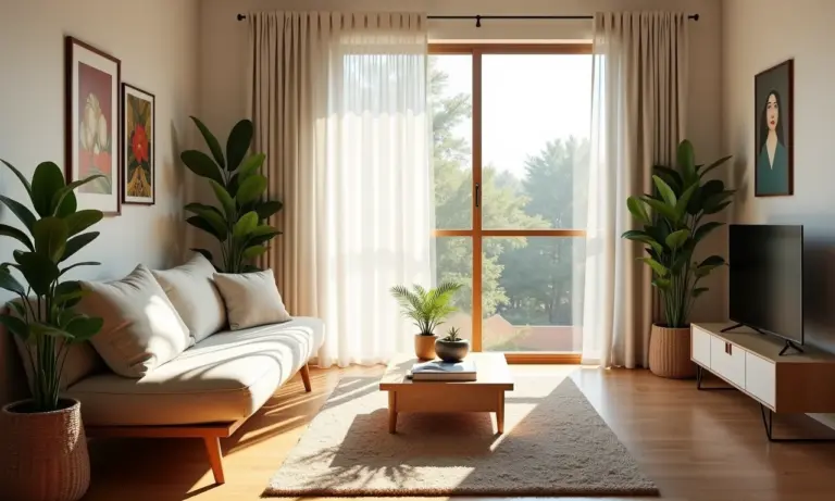 Sala de estar minimalista com decoração brasileira, transmitindo paz e organização.