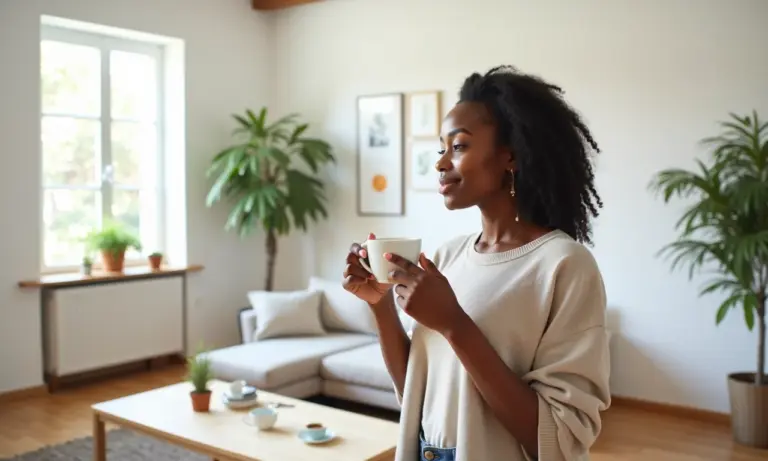 Sala de estar minimalista e iluminada com mulher relaxando.