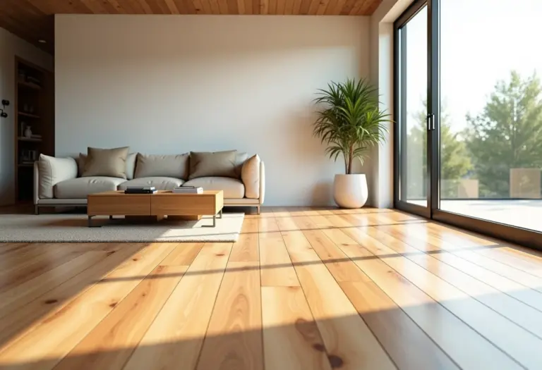 Sala de estar moderna com assoalho de eucalipto