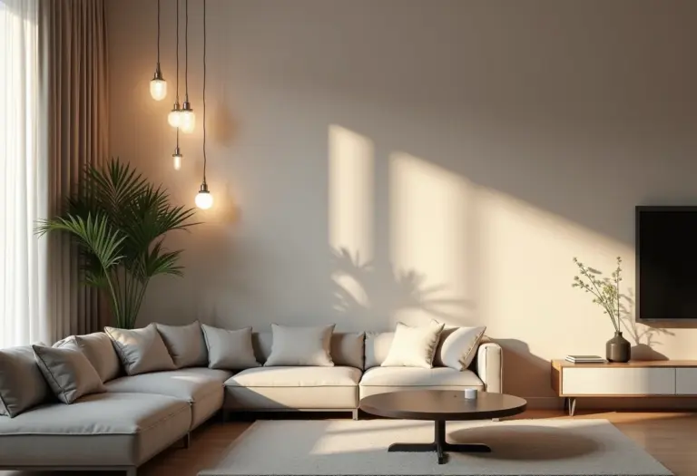 Sala de estar moderna com iluminação controlada por interruptores intermediários.