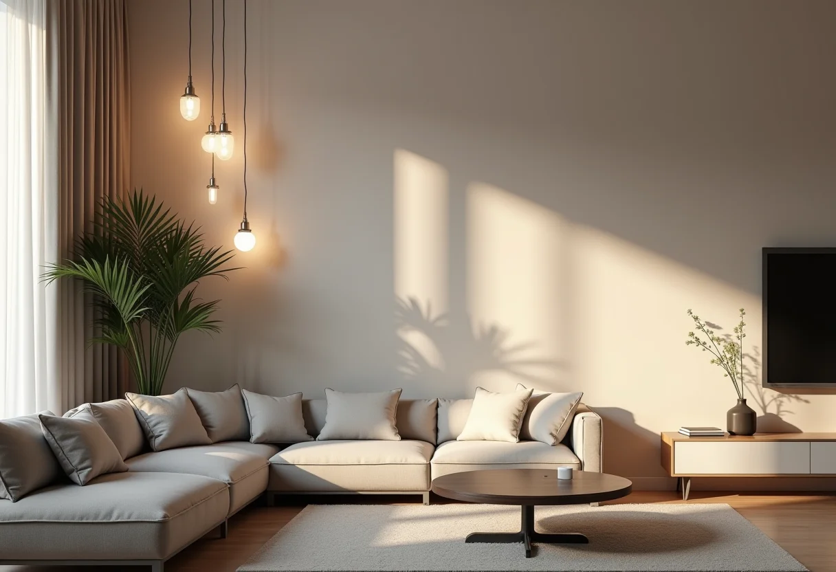 Interruptor intermediário: O segredo para controlar a luz de qualquer lugar Sala de estar moderna com iluminação controlada por interruptores intermediários.