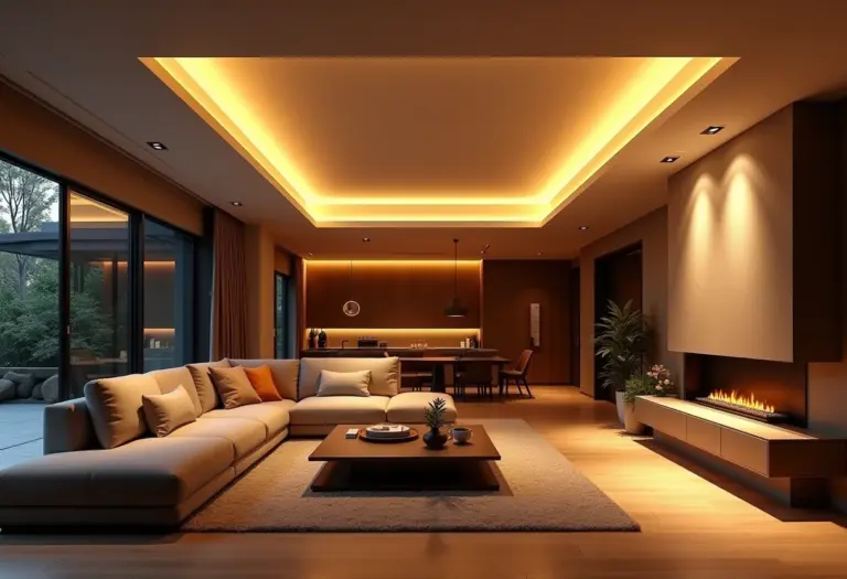 Sala de estar moderna com iluminação de perfil LED embutida e elegante.