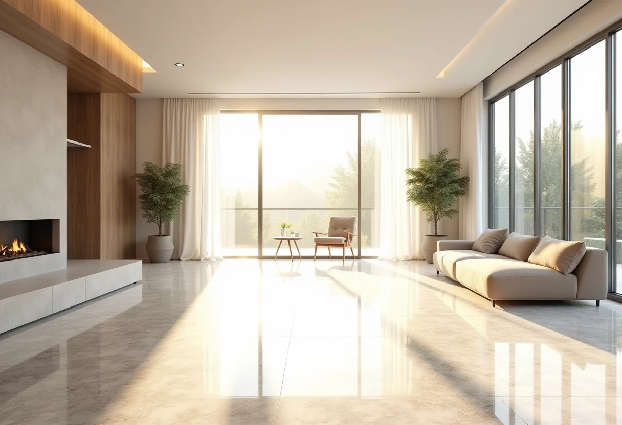 Piso de granito: o guia definitivo para não errar na escolha Sala de estar moderna com piso de granito claro e iluminação natural