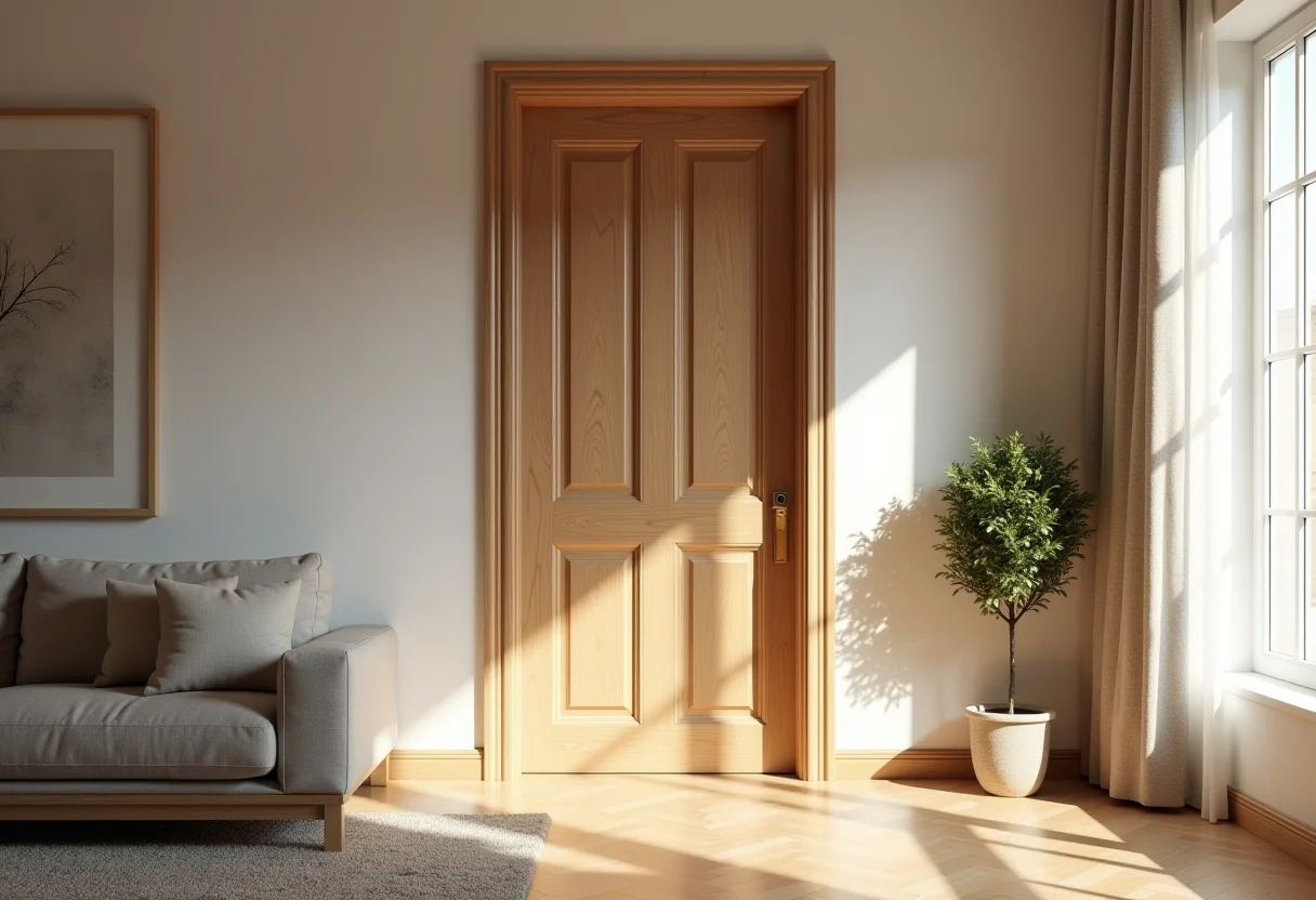 Portas de madeira: o segredo para uma casa elegante e aconchegante Sala de estar moderna com porta de madeira elegante