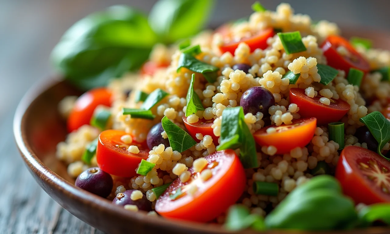 Salada colorida de quinoa com vegetais orgânicos.