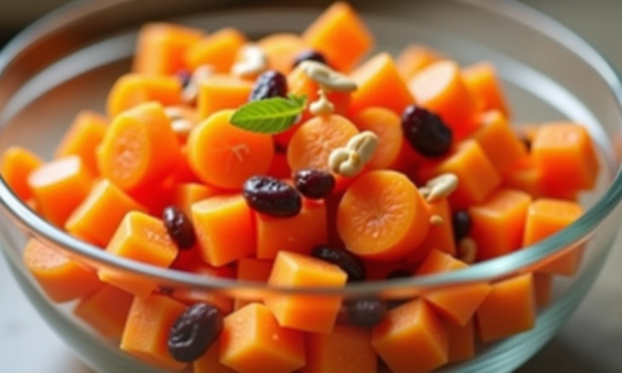 Salada de cenoura ralada fresca com passas e castanhas.