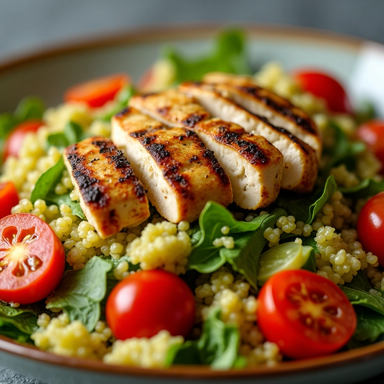 Salada de quinoa com frango grelhado, rica em nutrientes.