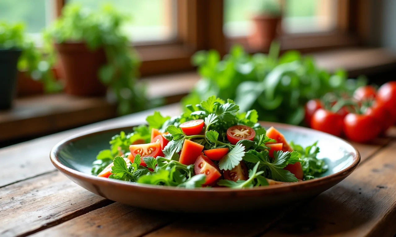Salada simples com ingredientes frescos em uma mesa de madeira rústica.