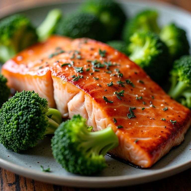Salmão assado com brócolis, rico em ômega 3.