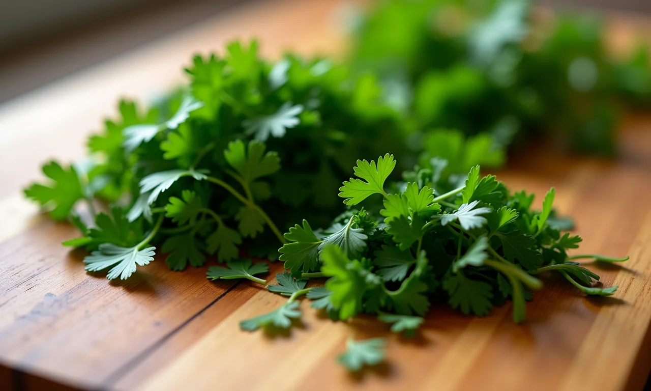 Salsinha e cebolinha frescas picadas sobre tábua de madeira, com luz natural.