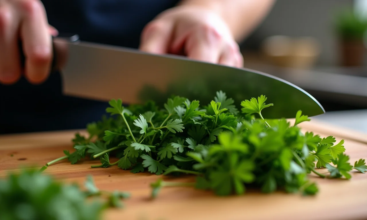 Salsinha e cebolinha frescas sendo picadas numa tábua de madeira.