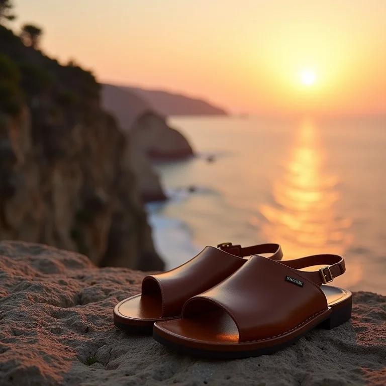 Sandálias estilosas perto de penhasco rochoso ao pôr do sol