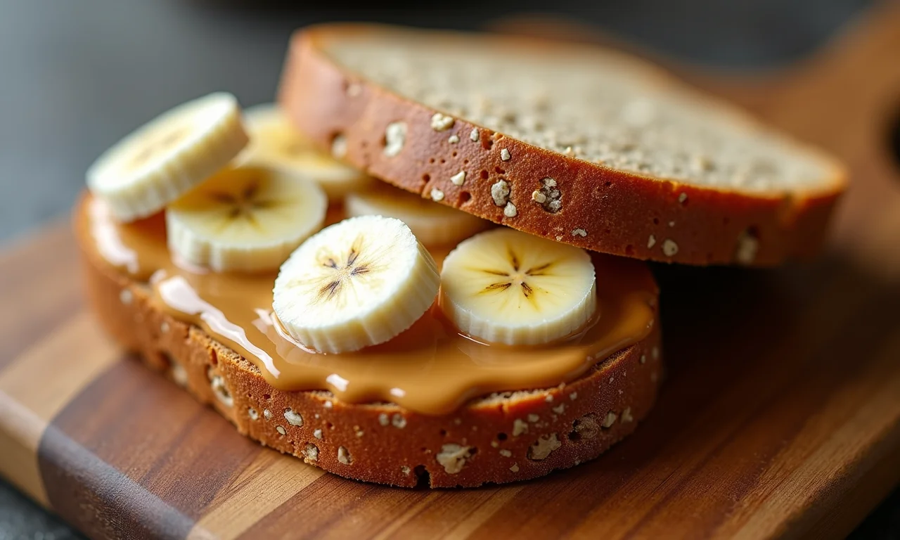 Sanduíche integral com pasta de amendoim e banana.