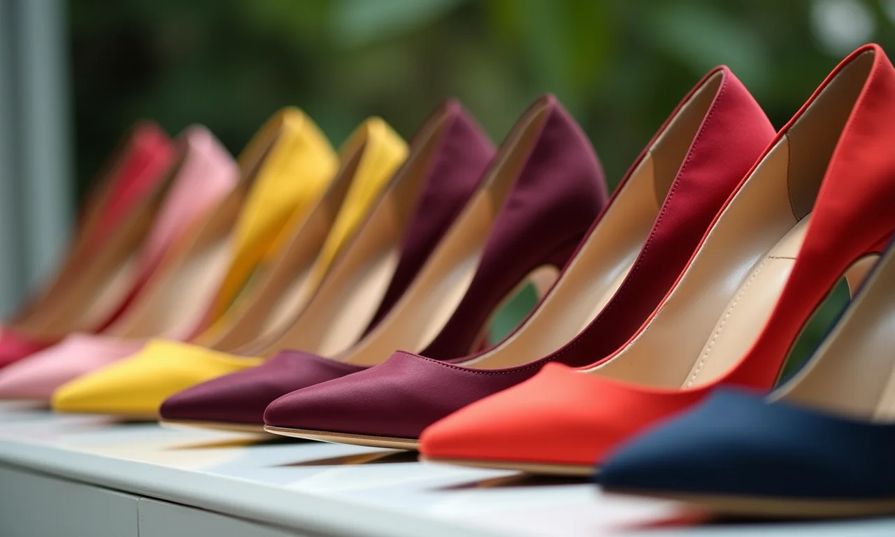 Sapatos de salto médio estilosos e variados em close-up.
