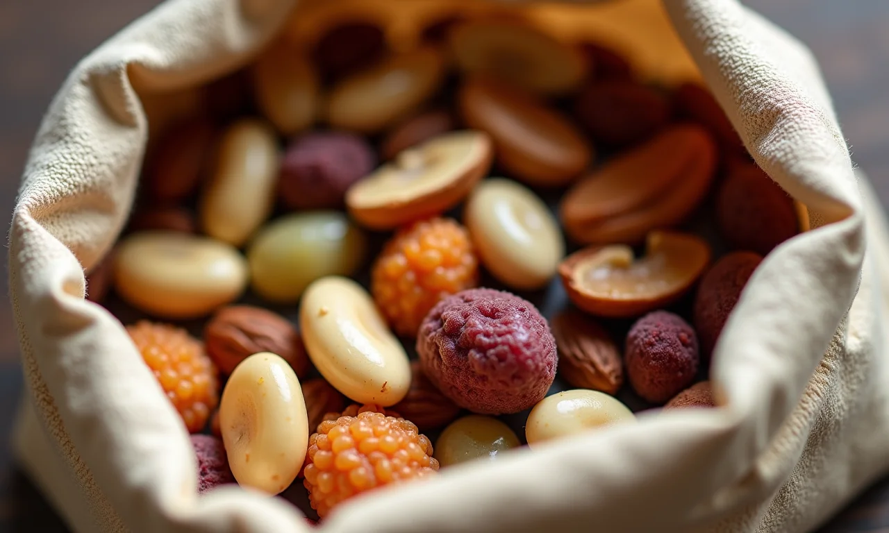 Saquinho com mix de castanhas, sementes e frutas secas.