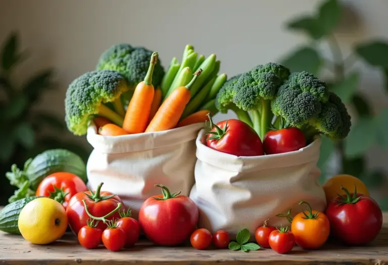 Saquinhos de tecido reutilizáveis com alimentos frescos.