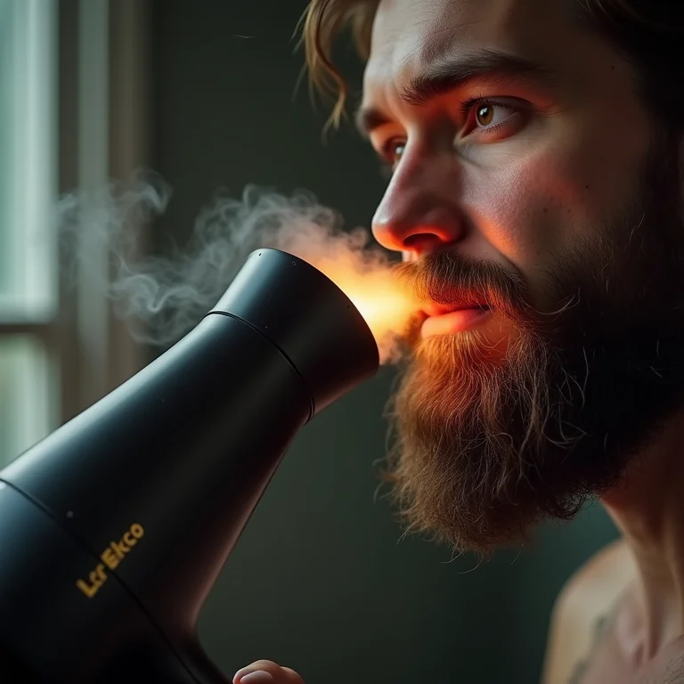 Secador de cabelo soprando ar quente perto de uma barba seca.