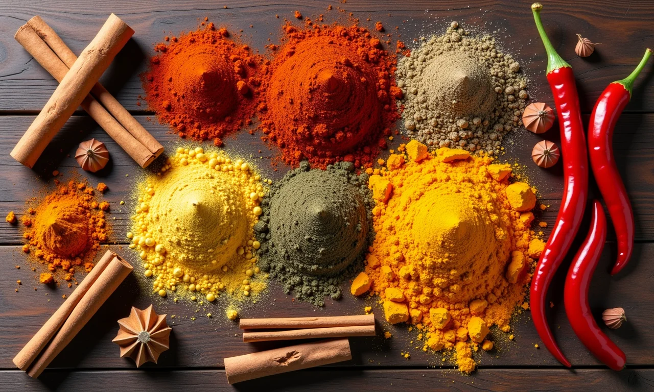 Especiarias: realce o sabor dos alimentos Seleção colorida de especiarias diversas sobre mesa de madeira, com foco em canela, cúrcuma e pimenta.