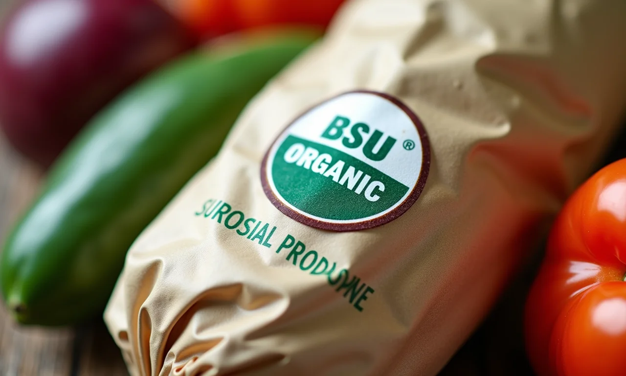 Selo de certificação orgânica em embalagem de produto fresco.