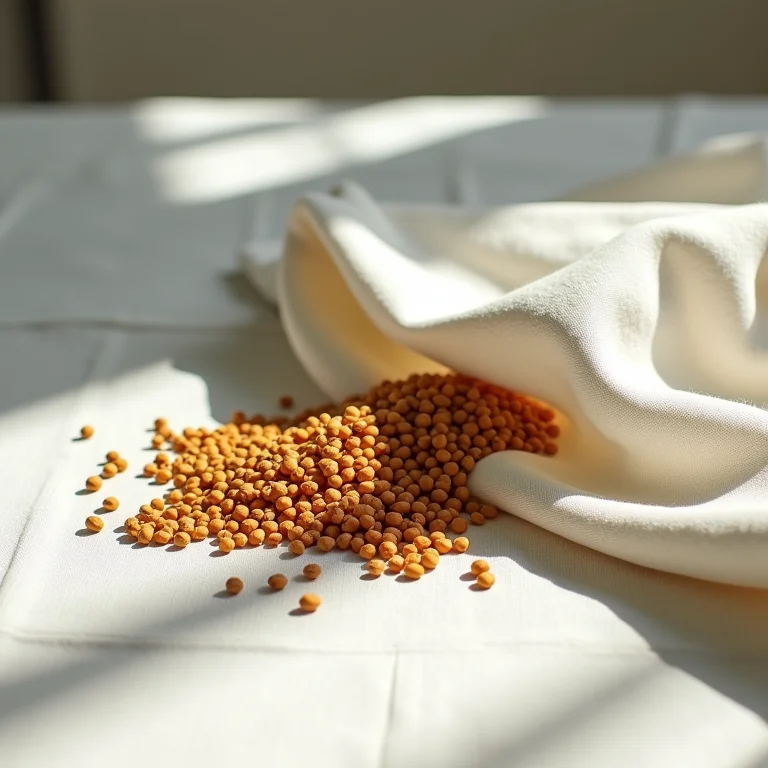 Sementes de estricnina derramadas sobre um tecido de linho.