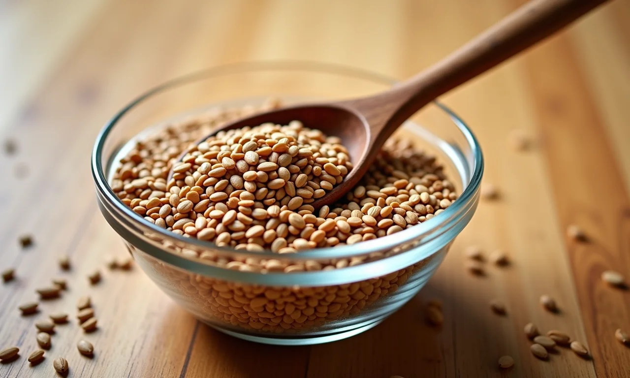 Sementes de linhaça em tigela de vidro com colher de madeira e luz natural.
