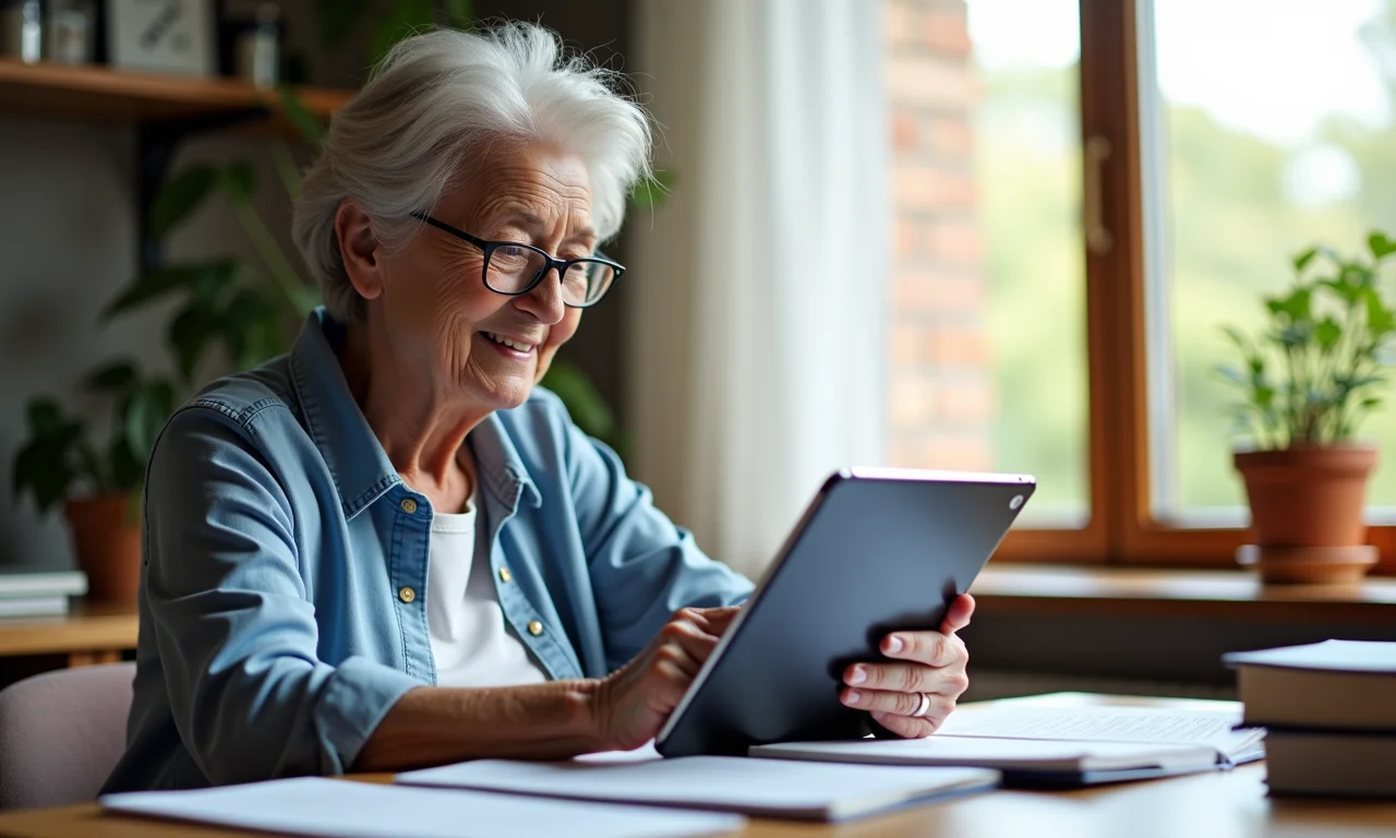 Senhora aprendendo um novo idioma em um tablet.