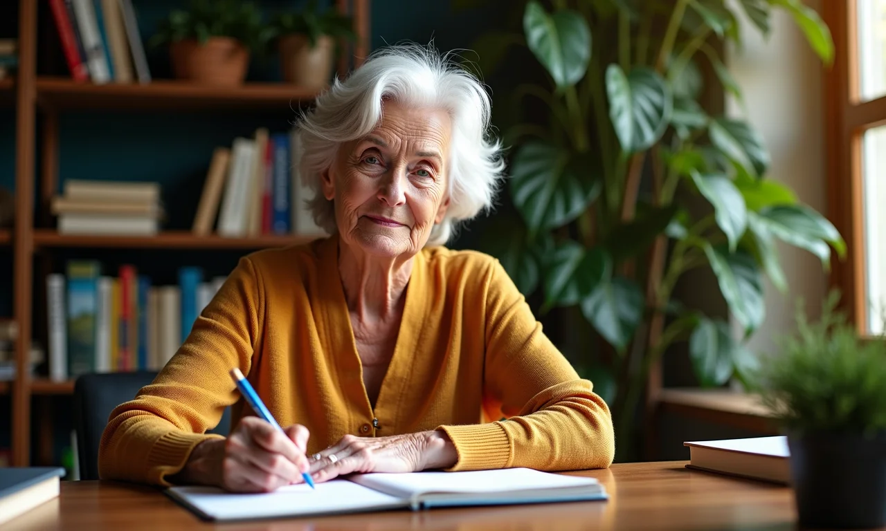 Senhora escrevendo em seu diário em um escritório aconchegante.