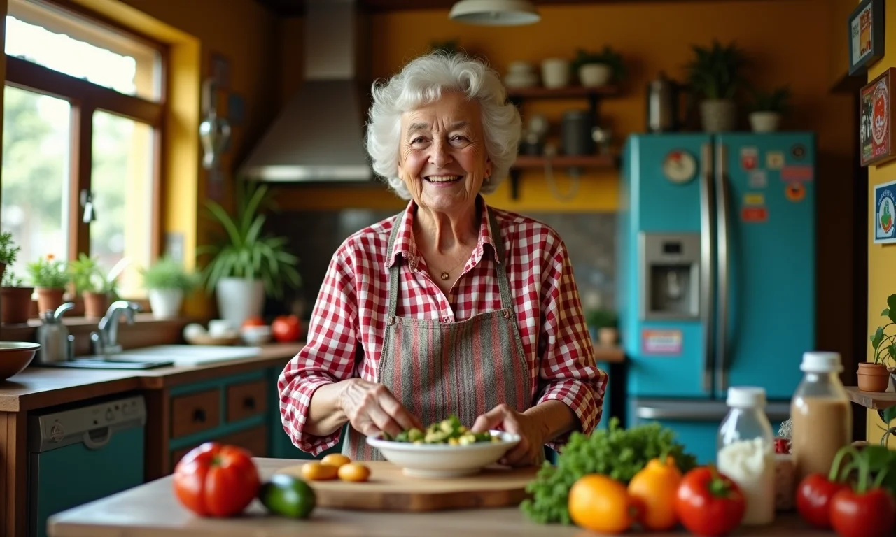 Senhora preparando receita tradicional em cozinha colorida, transmitindo afeto.