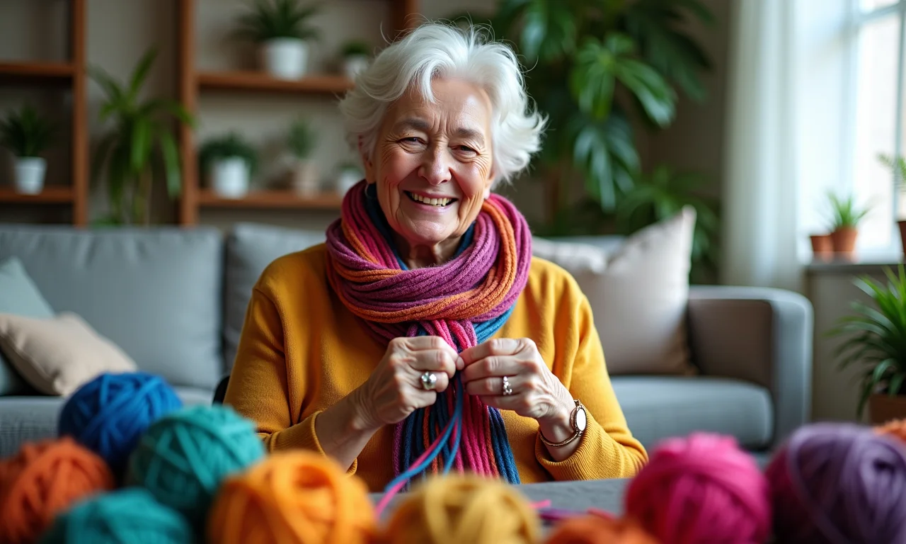 Senhora tricotando um cachecol colorido em sua sala aconchegante.