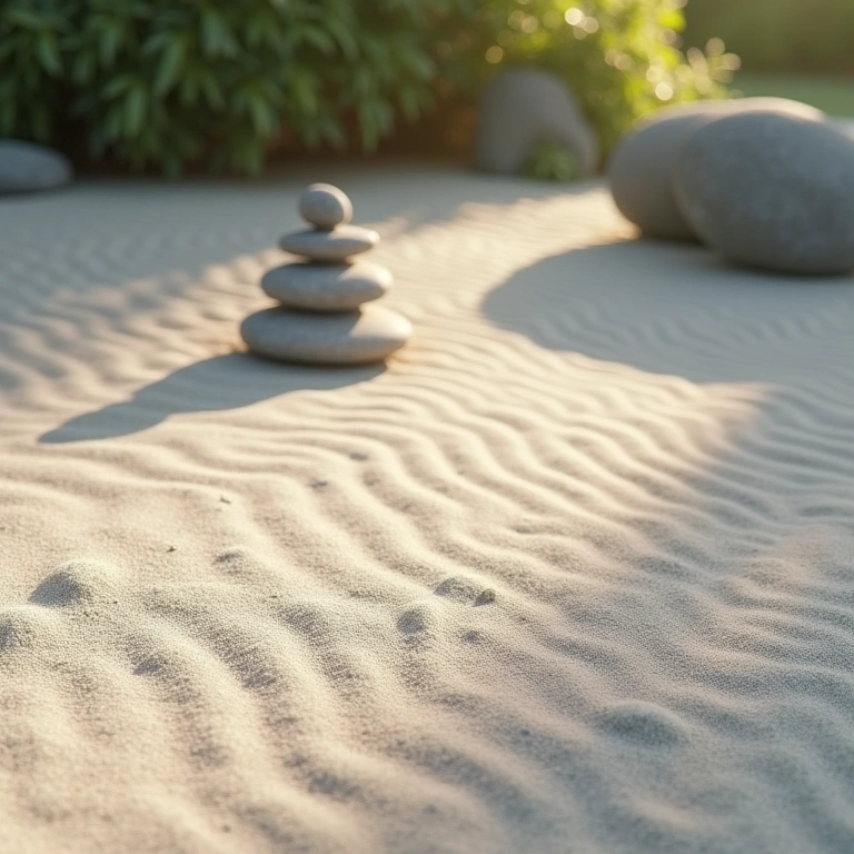 Serene zen garden, minimalist design, raked sand patterns, balanced stones, soft natural light, Jardim zen minimalista com areia rastelada e pedras equilibradas.