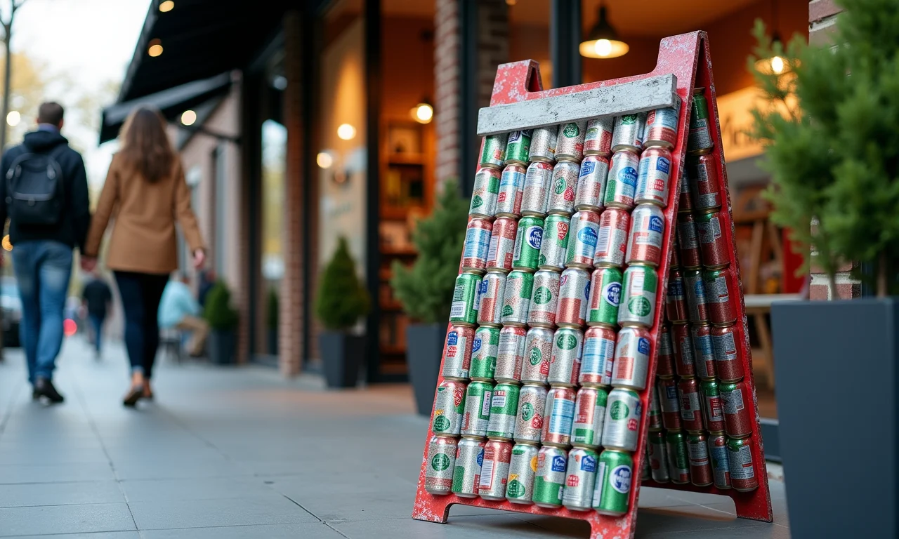 Sinalização criativa feita com latas de alumínio.