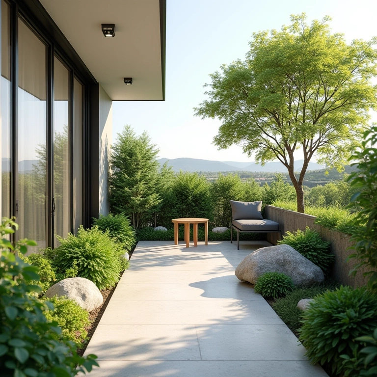 Small zen garden, apartment balcony, minimalist design, natural light, peaceful, 8K quality, Pequeno jardim zen em varanda de apartamento com design minimalista.