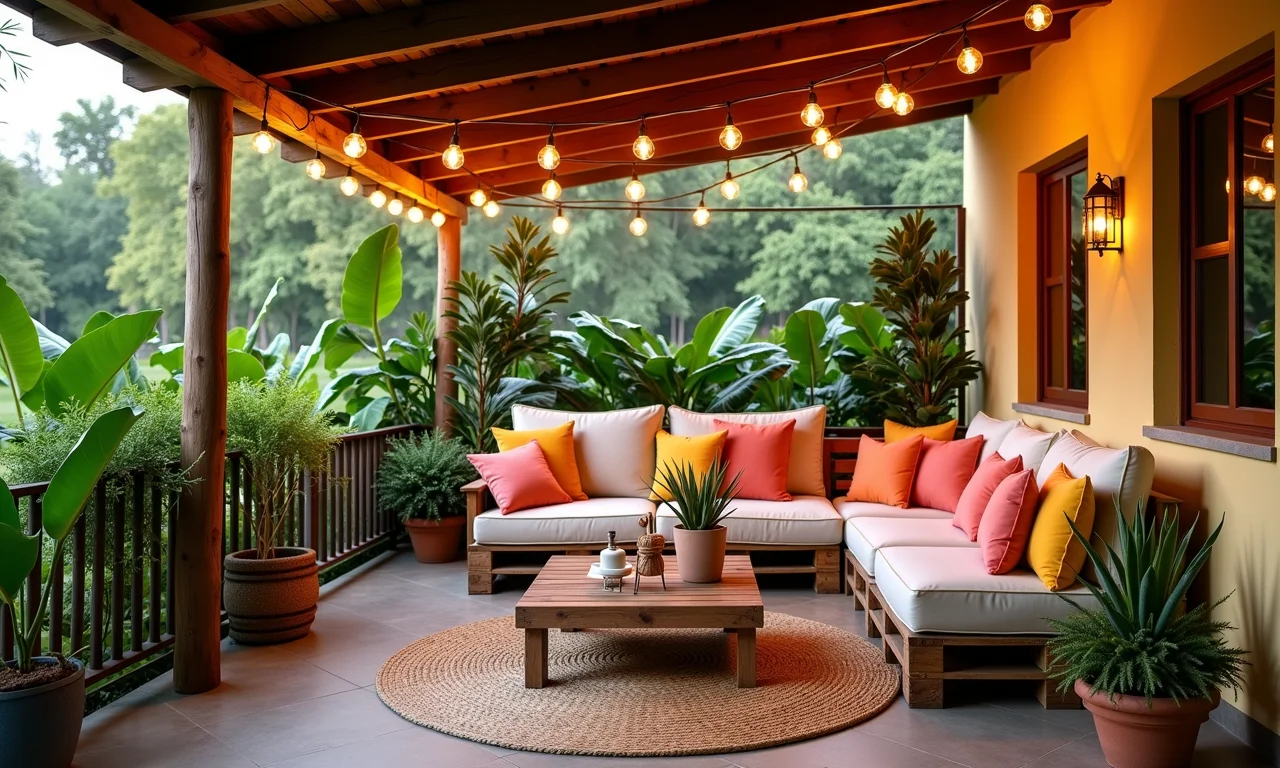 Como Fazer um Sofá de Palete Confortável Para a Varanda Sofá de palete confortável em varanda decorada com estilo brasileiro vibrante.